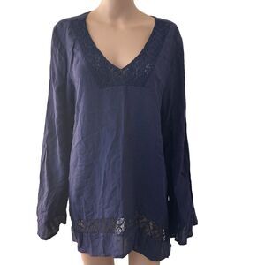 Signature Studio Contemporary Shirt Womens XL Style Dark Blue Lace Trim